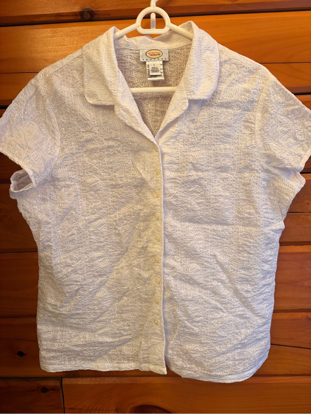 Talbots White Short Sleeve Embroidered Button-Front Blouse